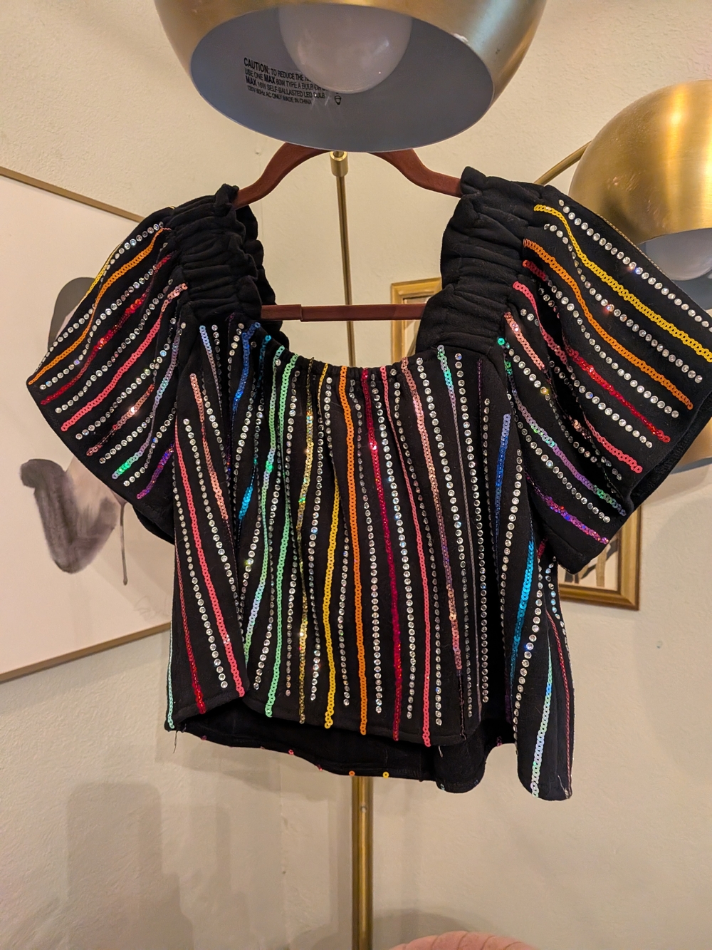 QUEEN OF SPARKLES Black Off-Shoulder Crop Top with Multicolor Sequin Stripes